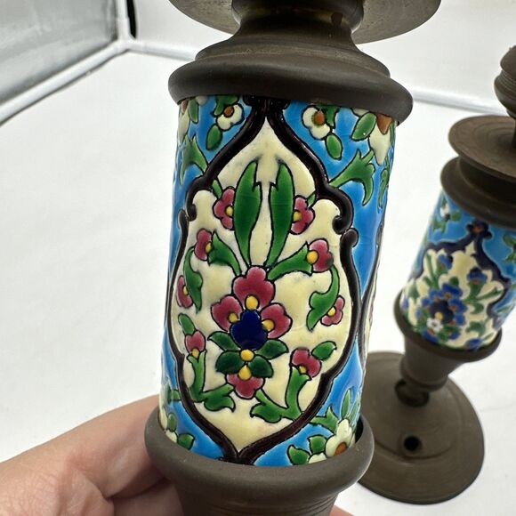 Set 2 Antique French Brass & Bronze Candlestick w/Longwy Pottery Column. 9” Tall - Picture 2 of 10